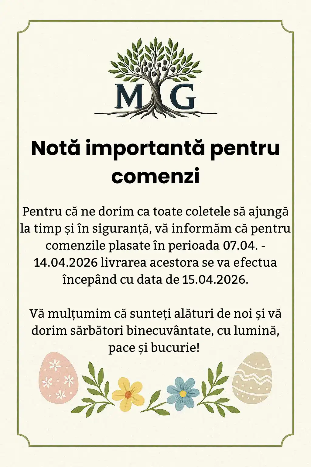 Banner Paste 2026 Notă importantă pentru comenzi - Paște 2026 | Mediteran Garden
